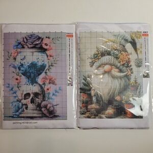 Two CROSS STITCH KITS Gnome Floral Skull Goth Cottage Open Box Printed Canvas